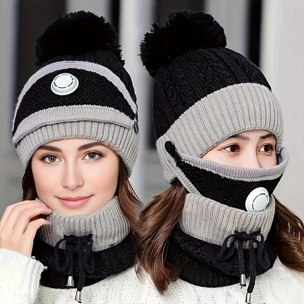 Fleece-Lined Knitted Beanie & Integrated Scarf Set