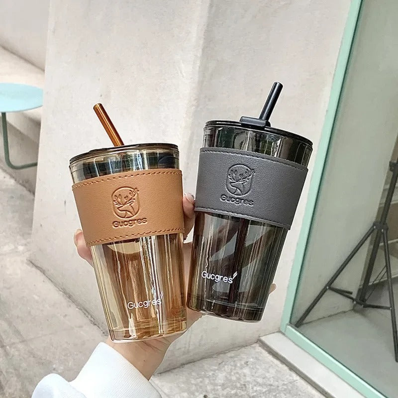 Gucgres Luxury Glass Tumbler - Modern Sipping Cup with Insulated Leather Sleeve & Straw (RANDOM COLOR) - Trenducts.pk