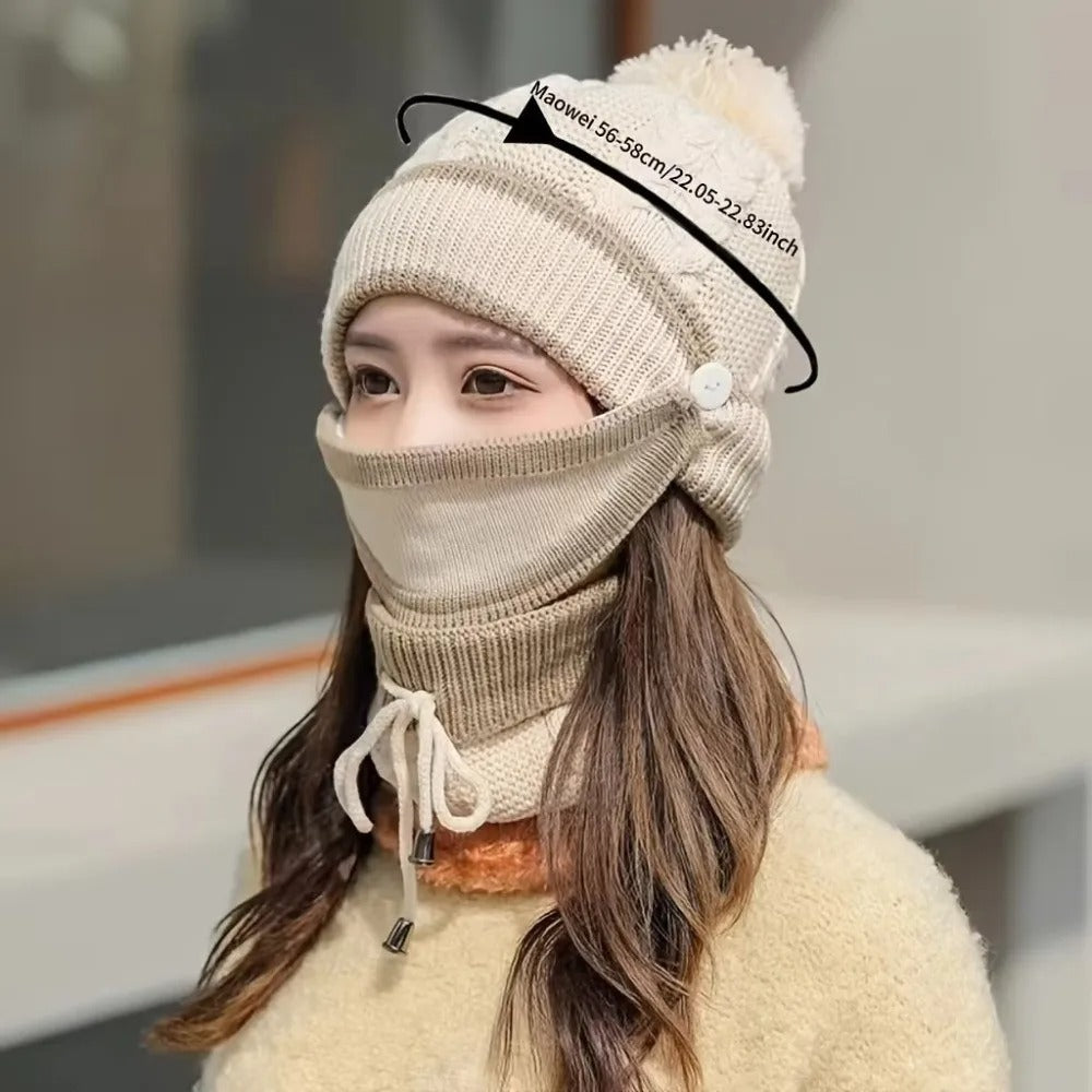 Fleece-Lined Knitted Beanie & Integrated Scarf Set