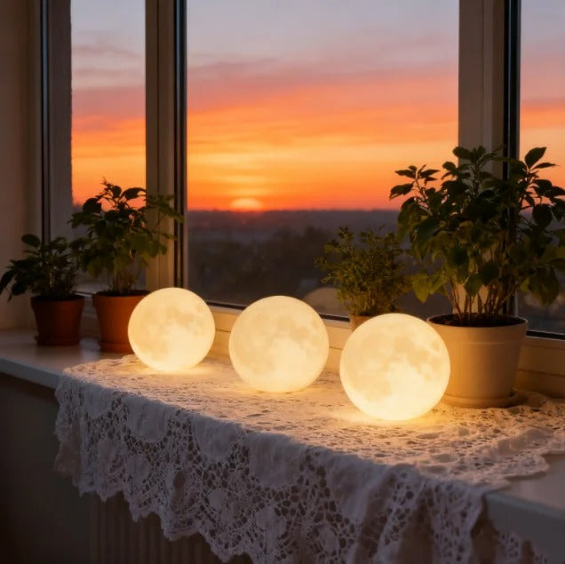 3D Printed Rechargeable Moon Lamp with Geometric Wooden Stand