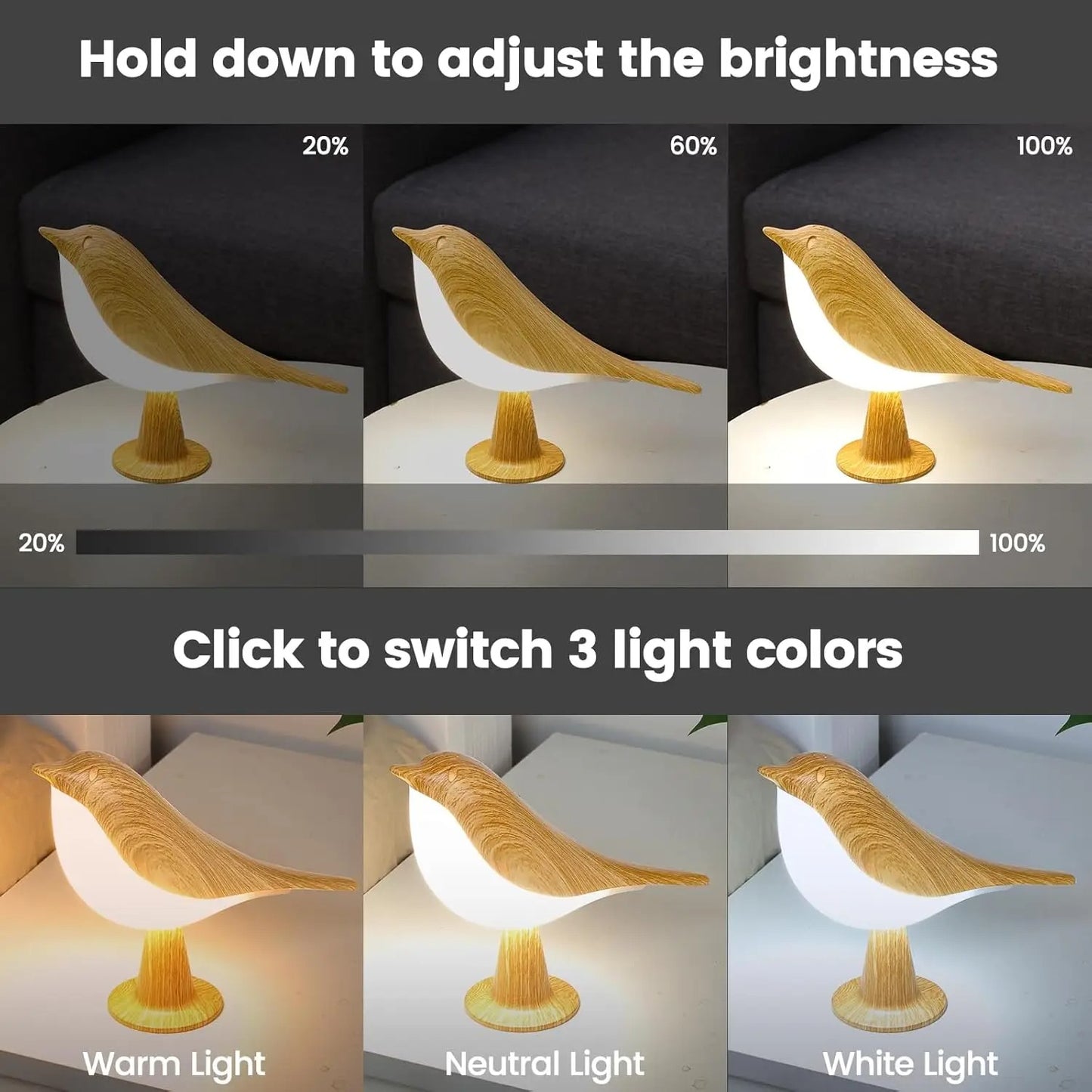 Touch LED Bird Lamp – Premium Rechargeable Scandinavian Accent Light with Stepless Dimming