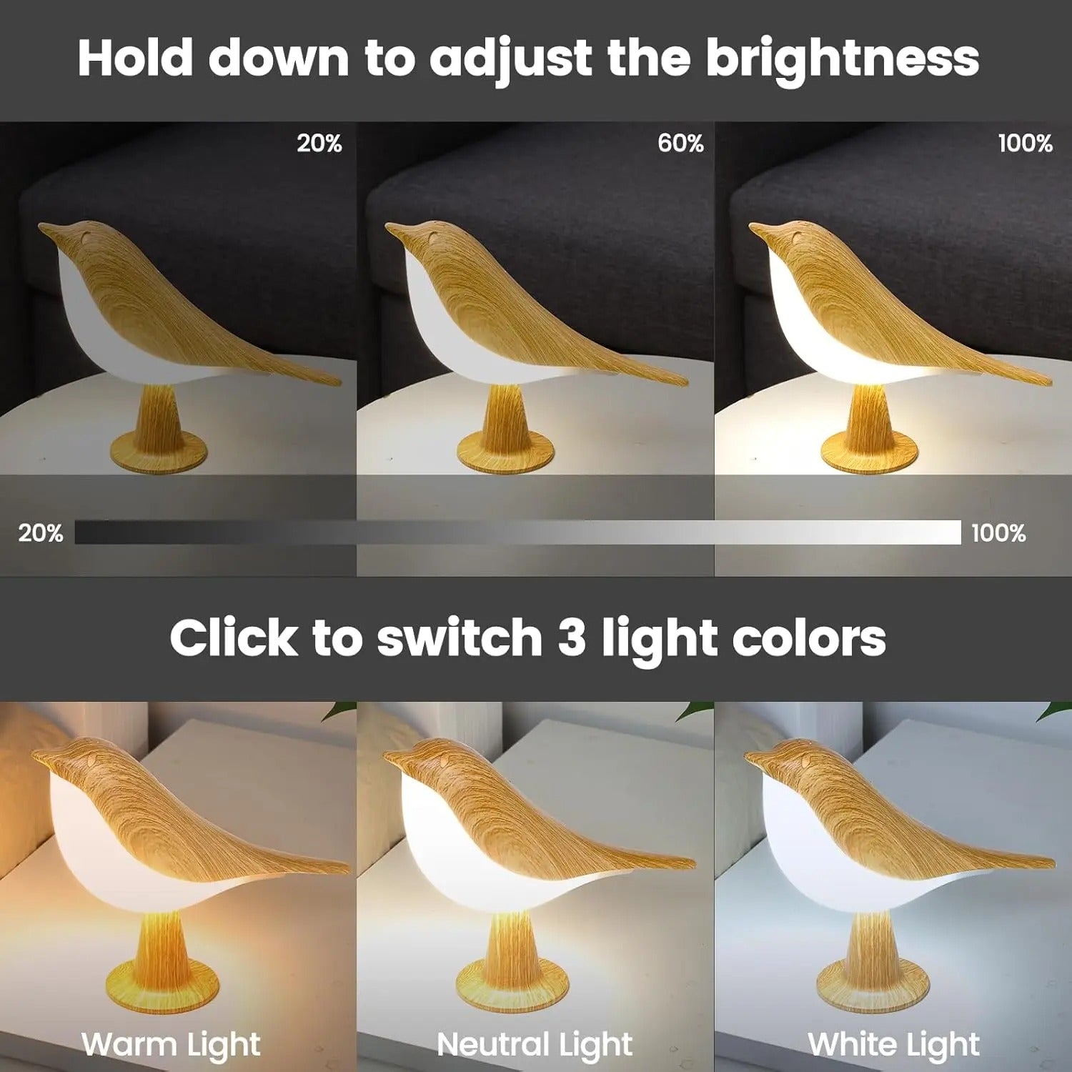 Touch LED Bird Lamp – Premium Rechargeable Scandinavian Accent Light with Stepless Dimming