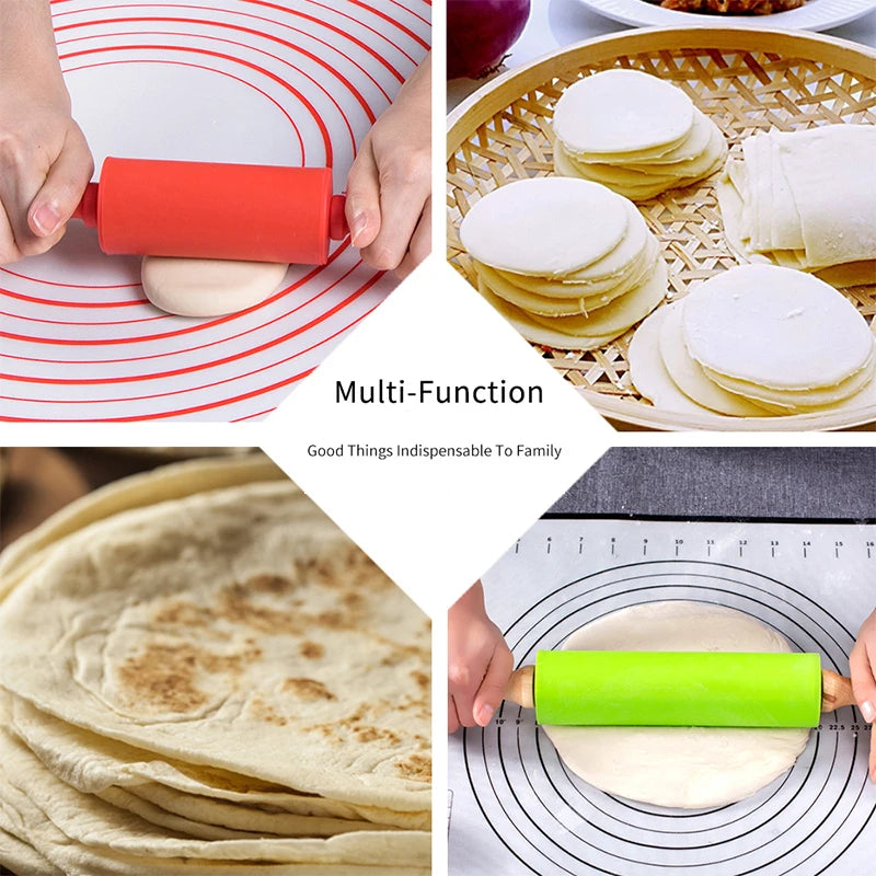 Non-Stick Silicone Rolling Pin (Belan) with Wooden Handles