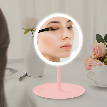 Rechargeable LED makeup mirror with touch-dimming lights, perfect for vanity and travel.