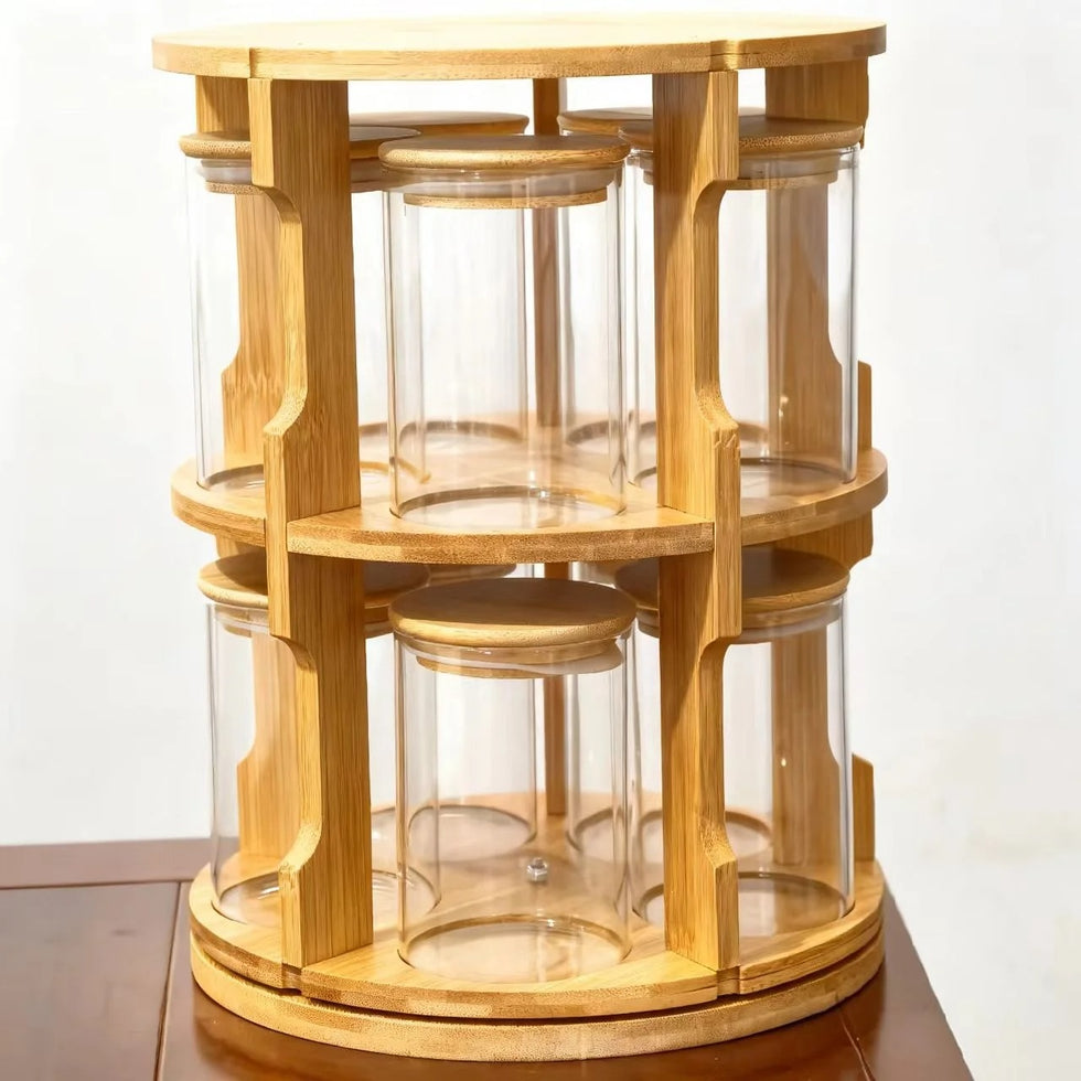 360° Rotatable Spice Jar Set – 10-Piece Bamboo Organizer