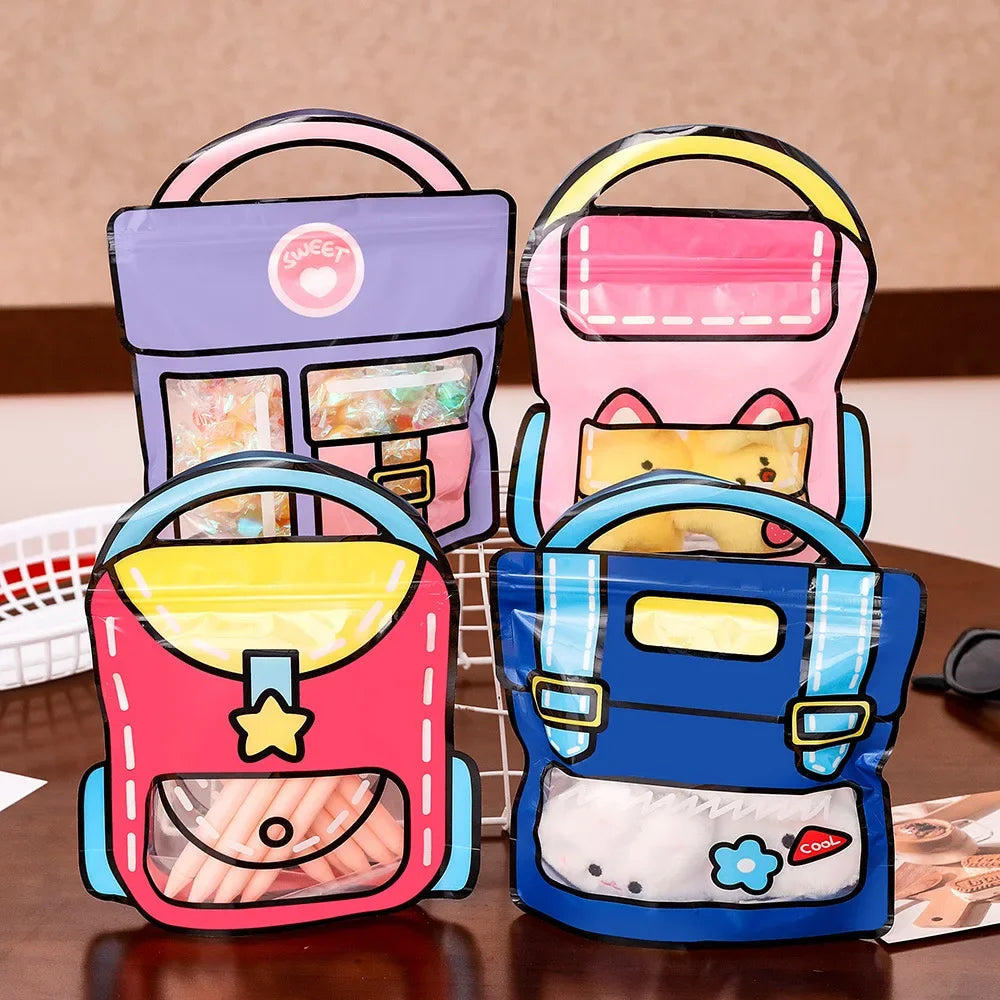 4-Piece Cartoon Backpack Self-Sealing Storage Bags - Cute Ziplock Pouch Set