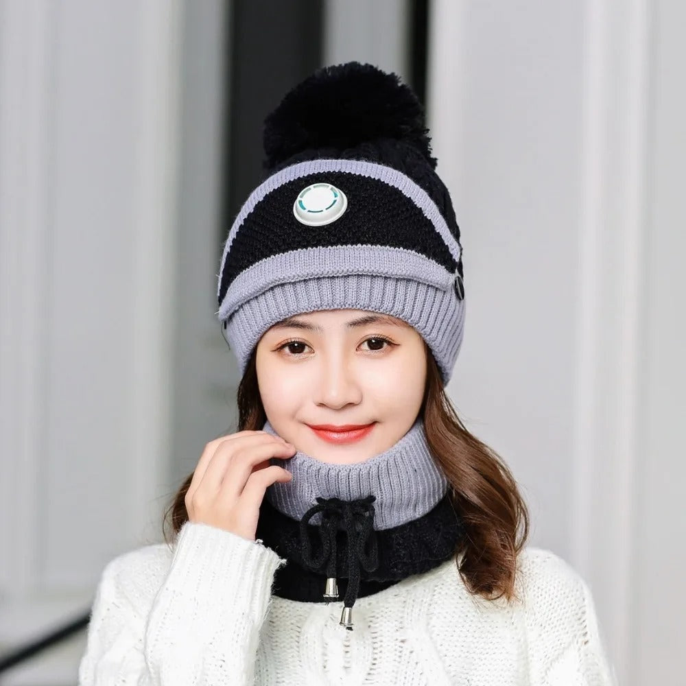Fleece-Lined Knitted Beanie & Integrated Scarf Set
