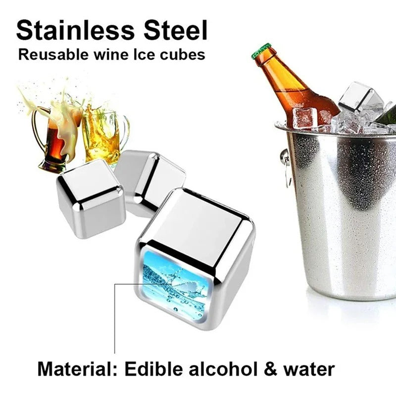 6-Piece Reusable Stainless Steel Ice Cube Set with Tong