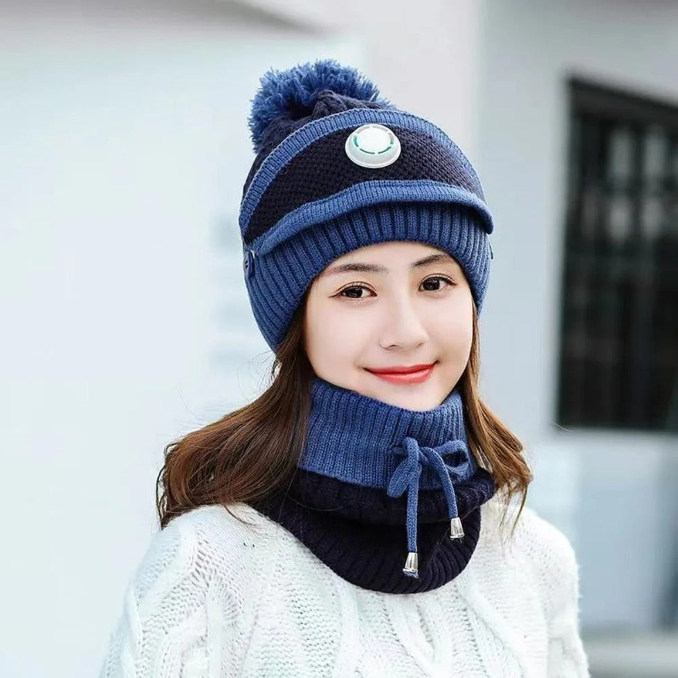 Fleece-Lined Knitted Beanie & Integrated Scarf Set