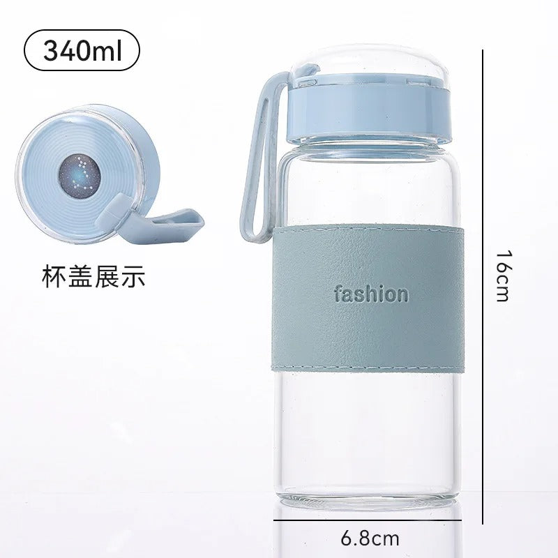Glass Water Bottle with Leather Sleeve & Rope Handle (320ml)