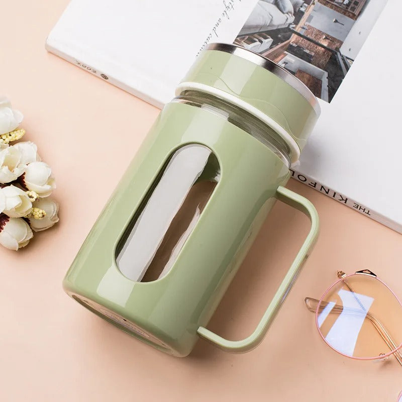 Minimalist Glass Tumbler with Bamboo Lid & Glass Straw (Random Color)