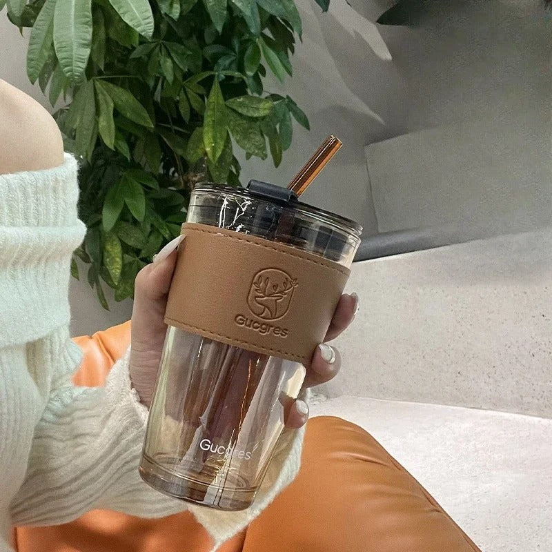 Gucgres Luxury Glass Tumbler - Modern Sipping Cup with Insulated Leather Sleeve & Straw (RANDOM COLOR) - Trenducts.pk