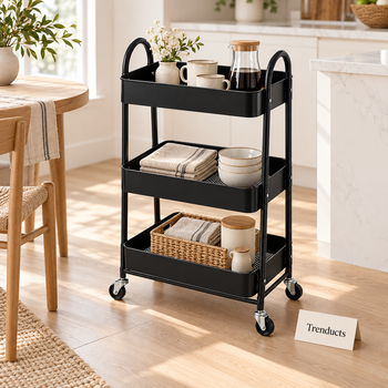 Black 3-tier serving and storage cart in a premium kitchen