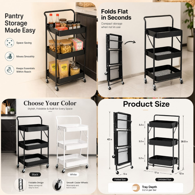 Premium Foldable 3-Tier Kitchen Storage Cart