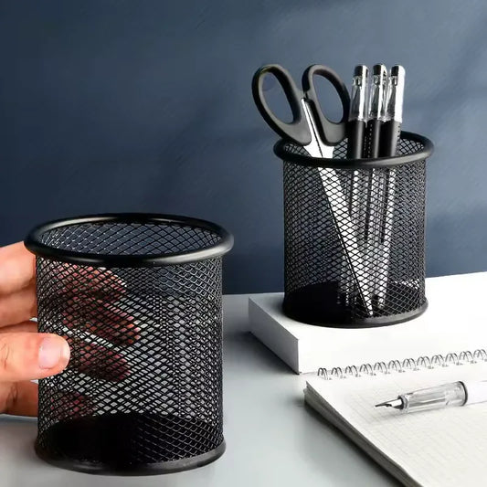 Circular Mesh Pen Organizer - Black Metal Holder