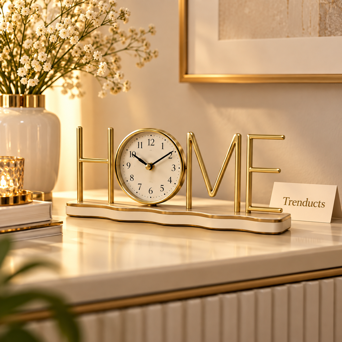 Minimal Metal Home Clock – White & Gold Table Decor