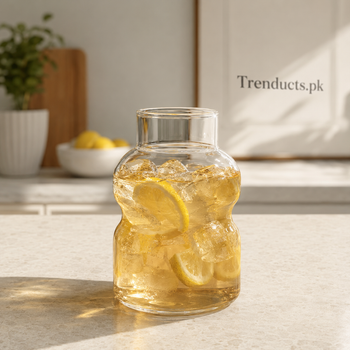 Milk bottle shape iced tea glass filled with lemon iced tea