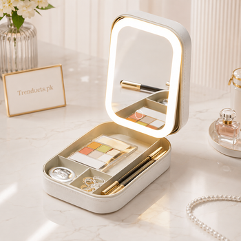 Mini LED makeup bag open with illuminated mirror and divided cosmetic storage