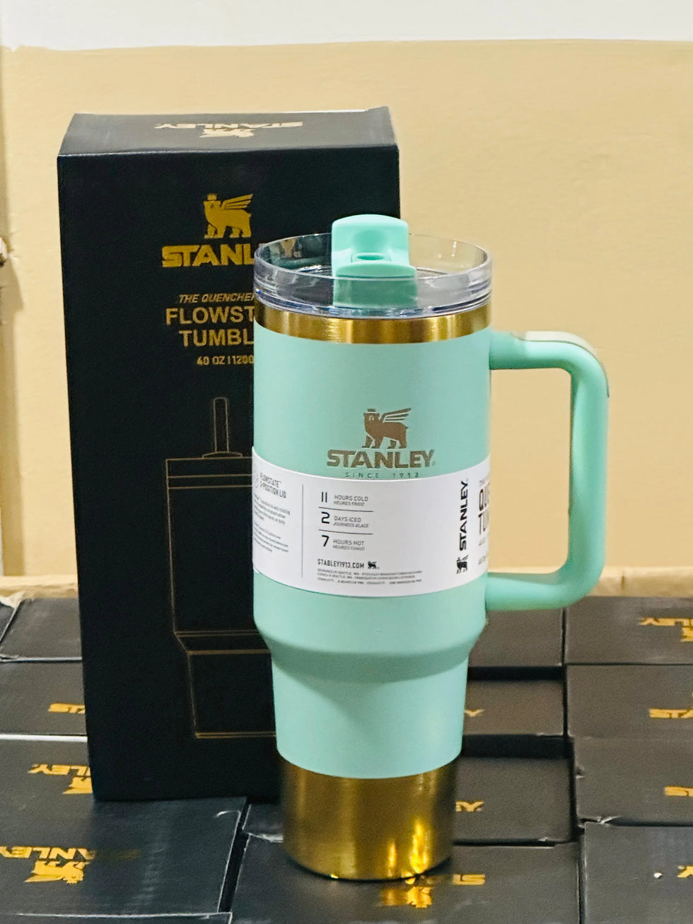 Stanley 40oz FlowState Tumbler – Mint Green & Gold Edition (Premium Quality) - Clarify.pk
