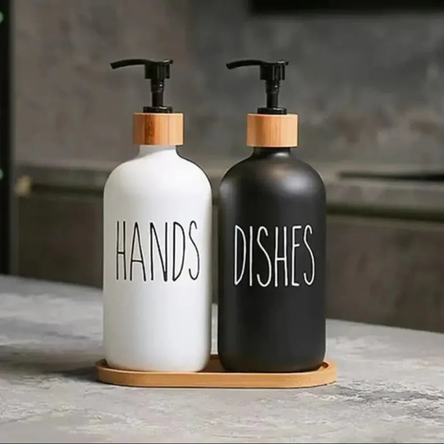 Matte Black & White Soap Dispenser Set with Bamboo Pump - Clarify.pk