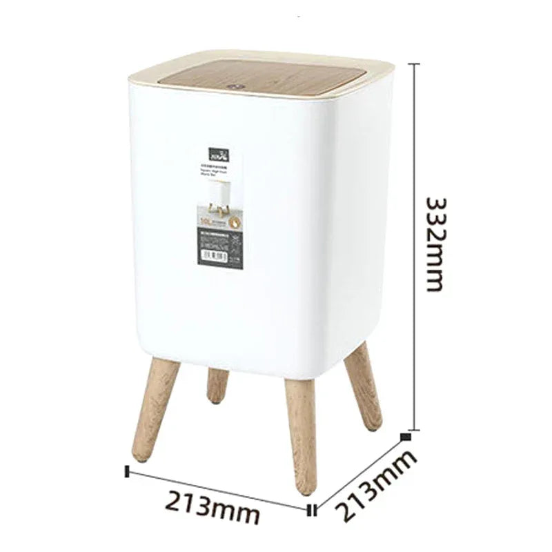 Modern Square Trash Bin with Wooden Lid & Legs