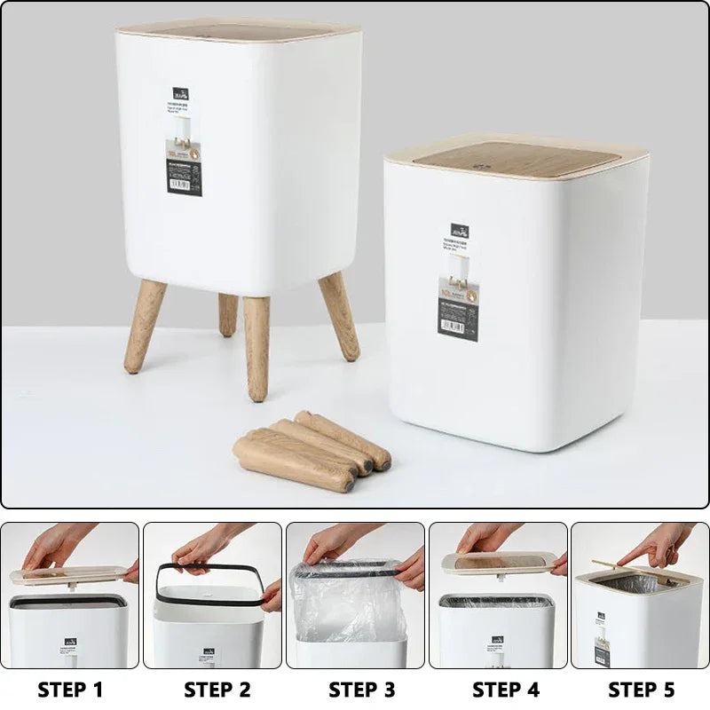 Modern Square Trash Bin with Wooden Lid & Legs