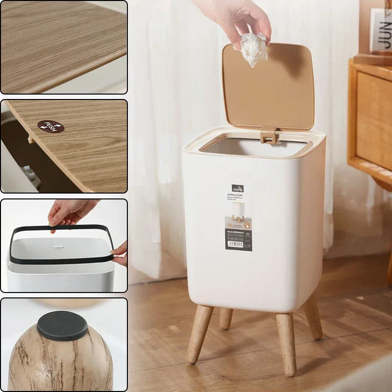 Modern Square Trash Bin with Wooden Lid & Legs - Clarify.pk