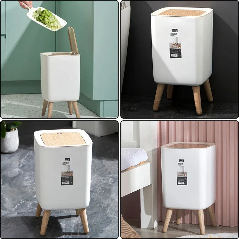Modern Square Trash Bin with Wooden Lid & Legs
