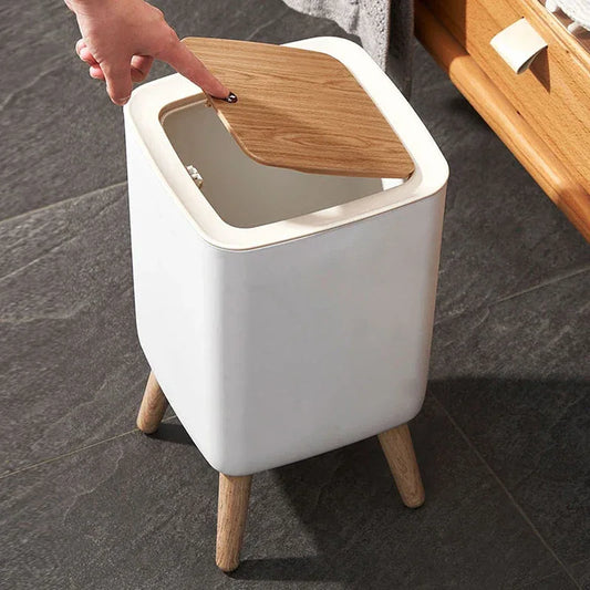Modern Square Trash Bin with Wooden Lid & Legs - Clarify.pk
