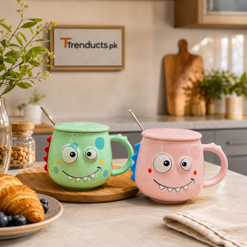 Green and pink monster mugs in a kitchen setting