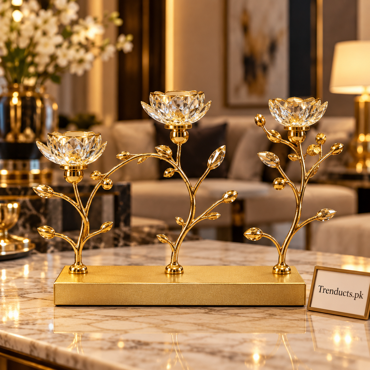 Multi-Arm Lotus Candle Stand – Gold & White