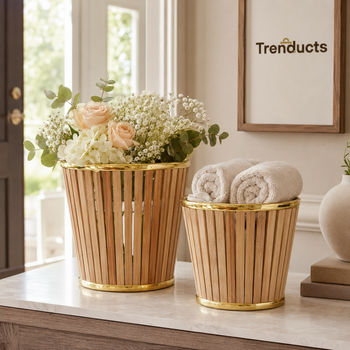 Wooden slat baskets styled with flowers and rolled towels
