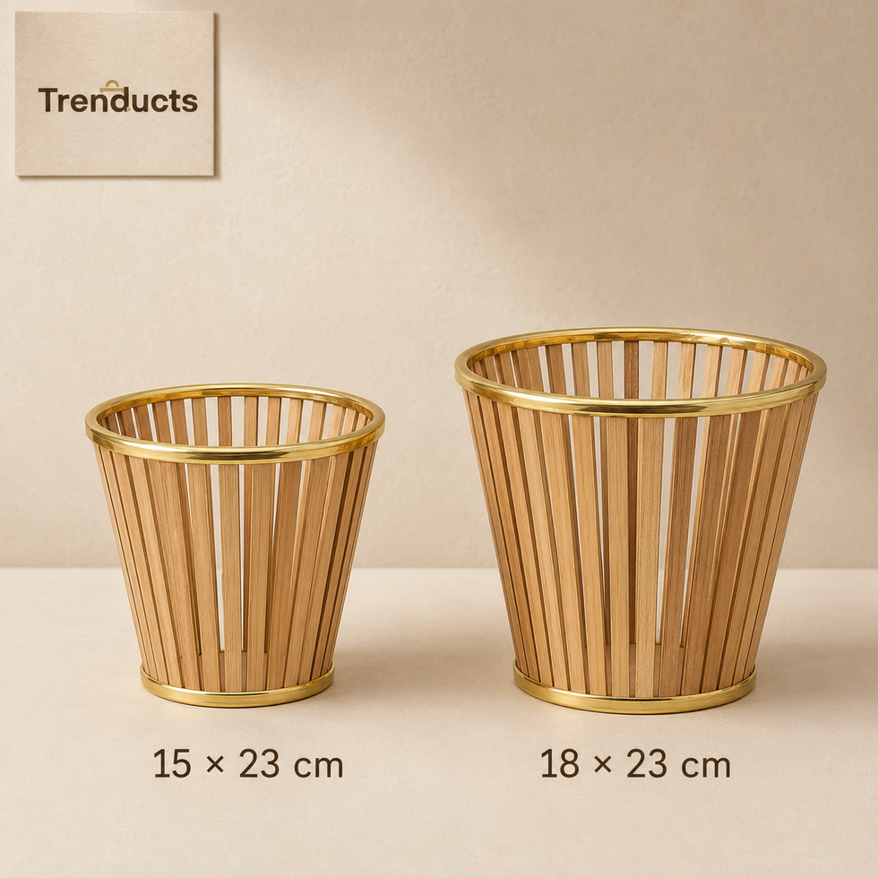 Multipurpose Wooden Slat Basket with Gold Trim