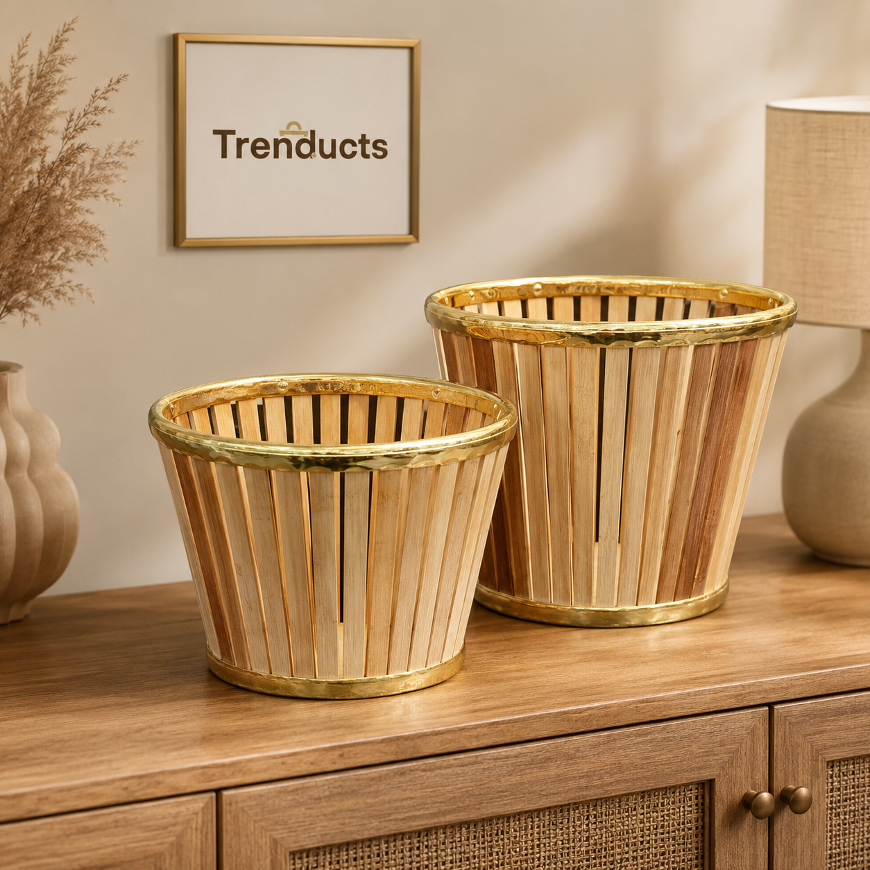 Multipurpose Wooden Slat Basket with Gold Trim