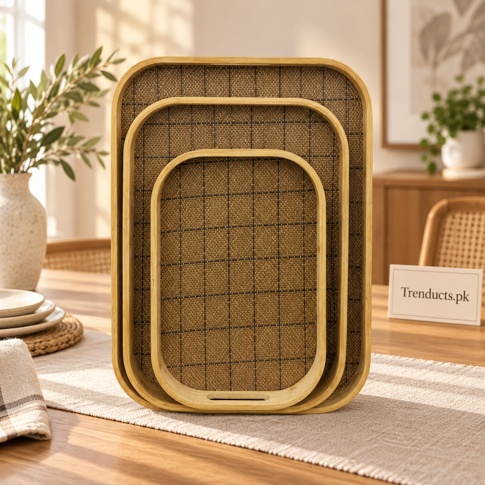 Natural Grid-Weave 3-Piece Serving Tray Set