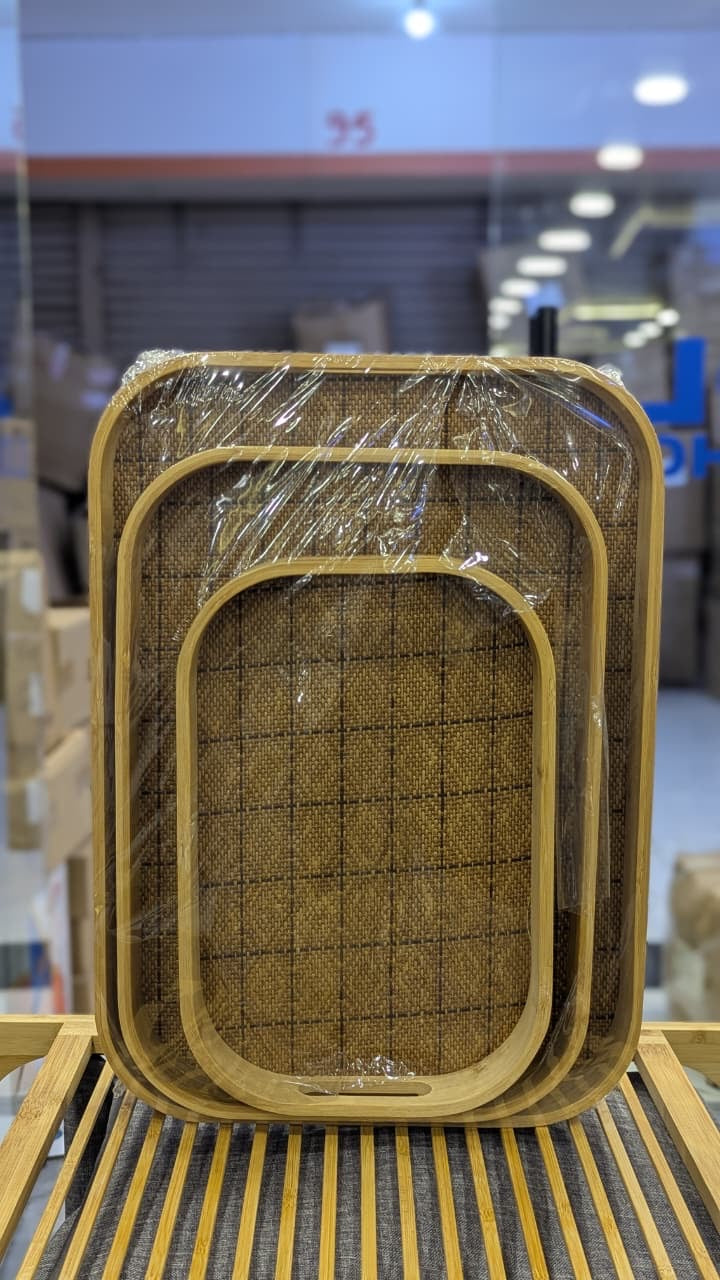 Natural Grid-Weave 3-Piece Serving Tray Set