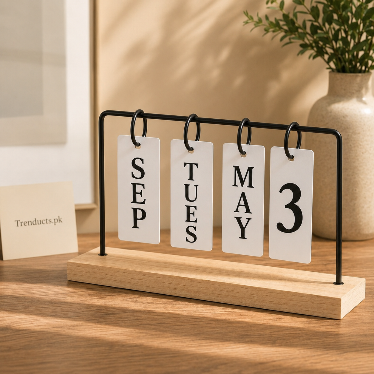 Perpetual Flip Desk Calendar with Natural Wood Base