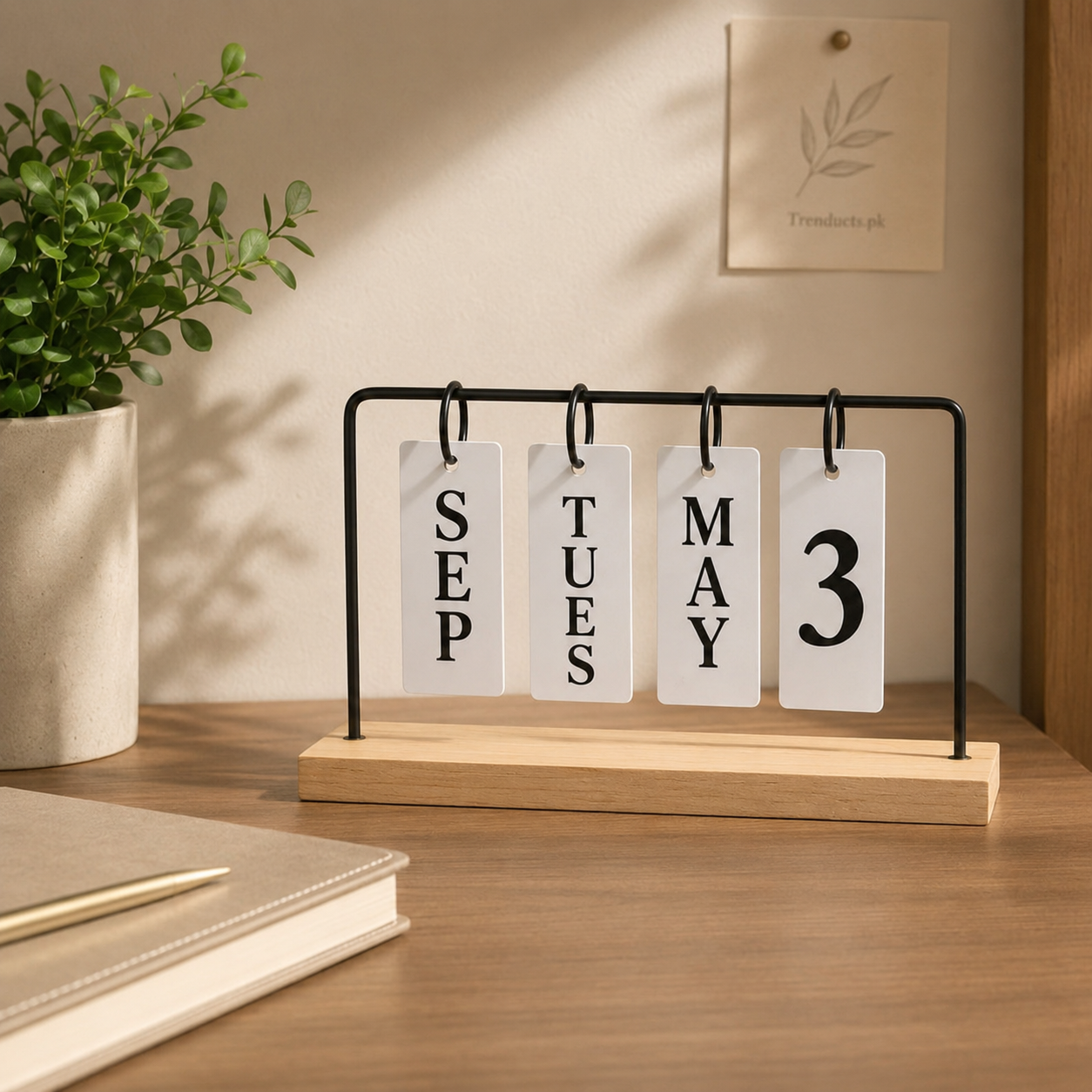 Perpetual Flip Desk Calendar with Natural Wood Base