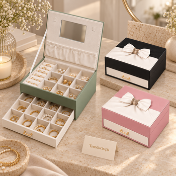 Luxury Two-Tier Jewellery Organizer with Mirror - sage-green hero three-quarter view