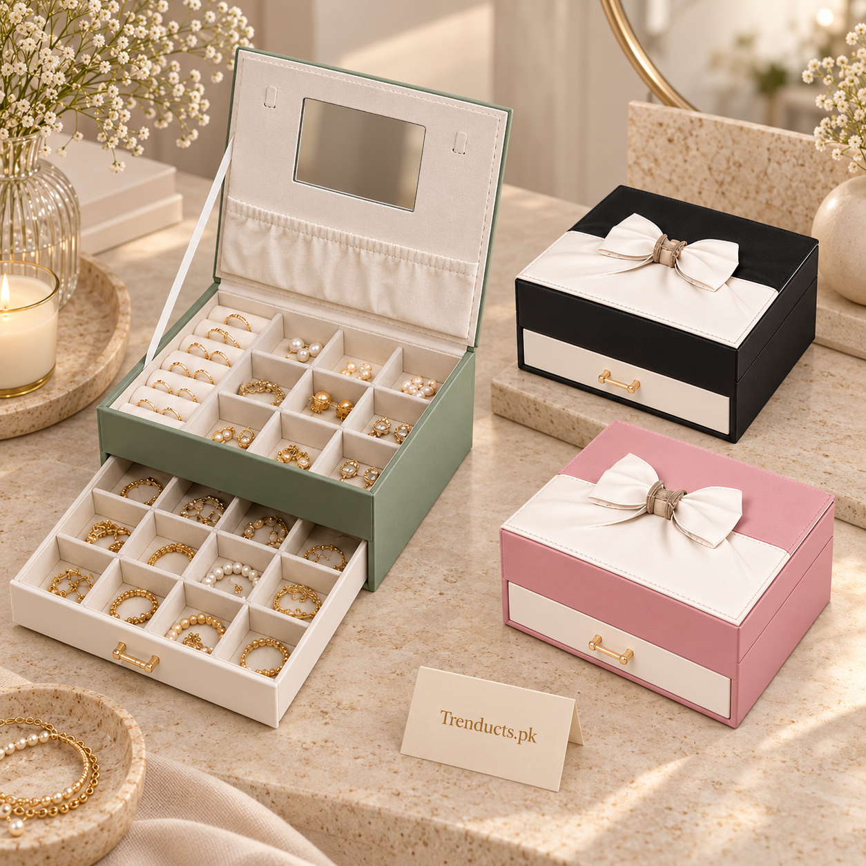 Luxury Two-Tier Jewellery Organizer with Mirror (Random Color)