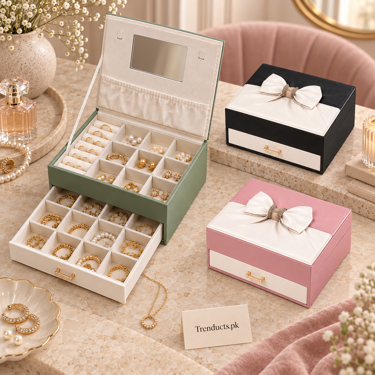 Luxury Two-Tier Jewellery Organizer with Mirror (Random Color)