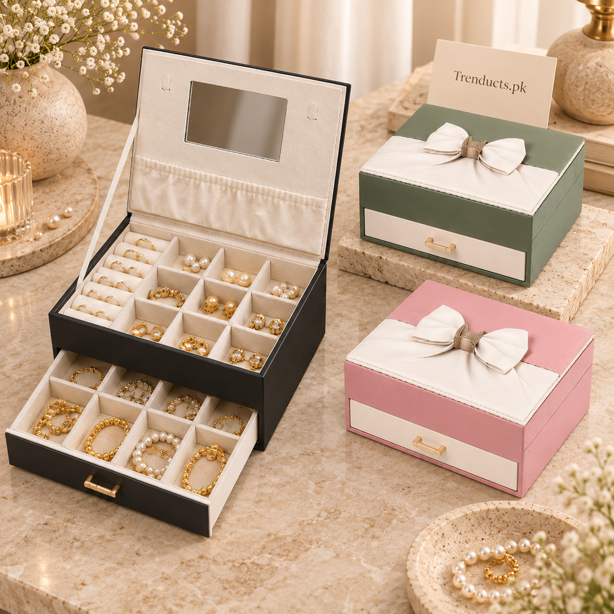 Luxury Two-Tier Jewellery Organizer with Mirror (Random Color)