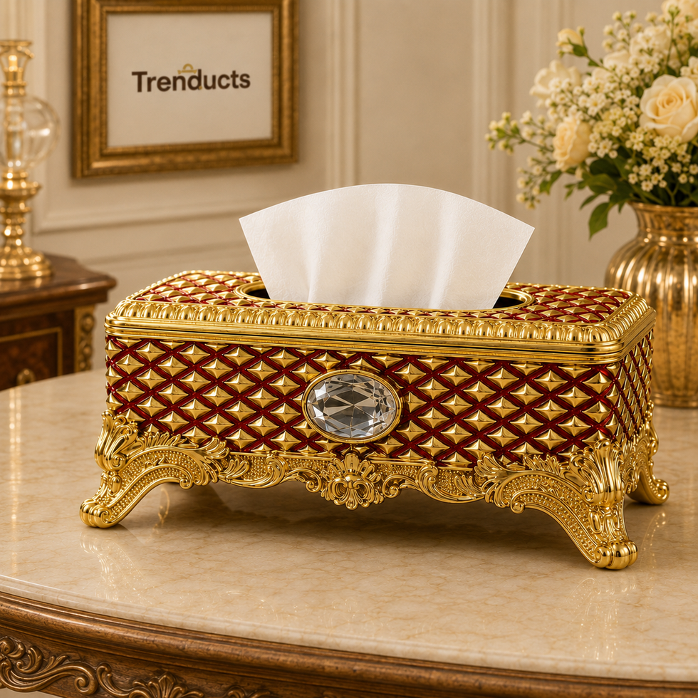 Ornate Crystal Tissue Box with Gold Baroque Base