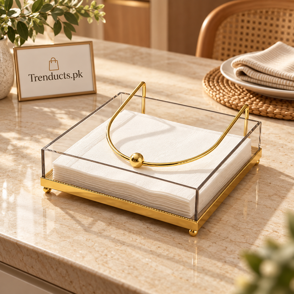 Clear Acrylic Napkin Holder with Gold Metal Stand