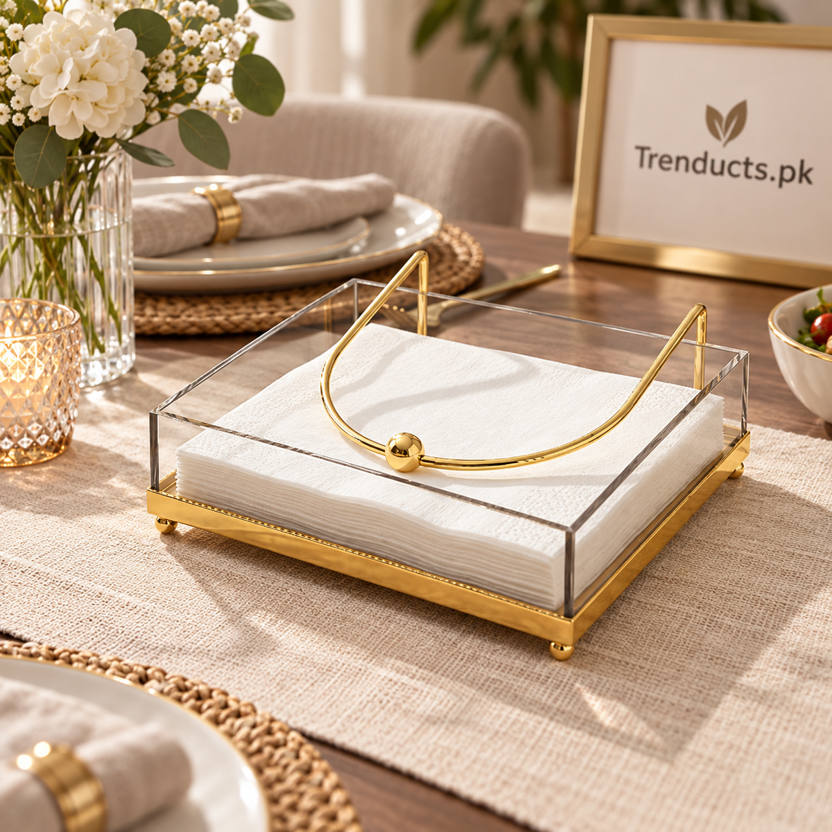 Clear Acrylic Napkin Holder with Gold Metal Stand