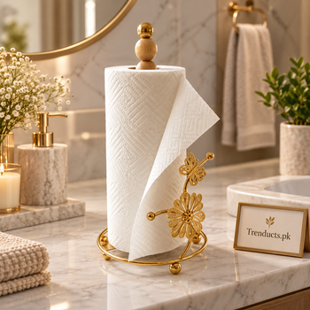 Freestanding gold tissue roll holder in luxury bathroom