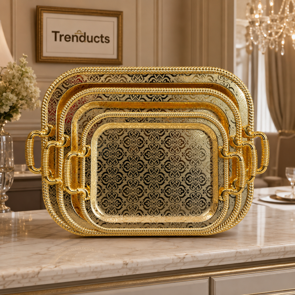 Damask Gold 3-Piece Stainless Steel Tray Set