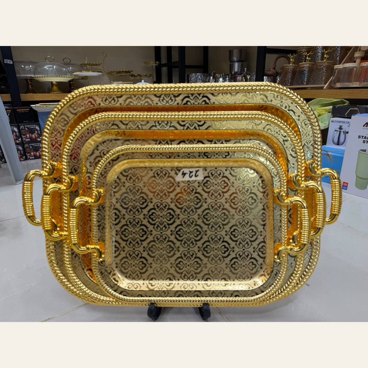 Damask Gold 3-Piece Stainless Steel Tray Set