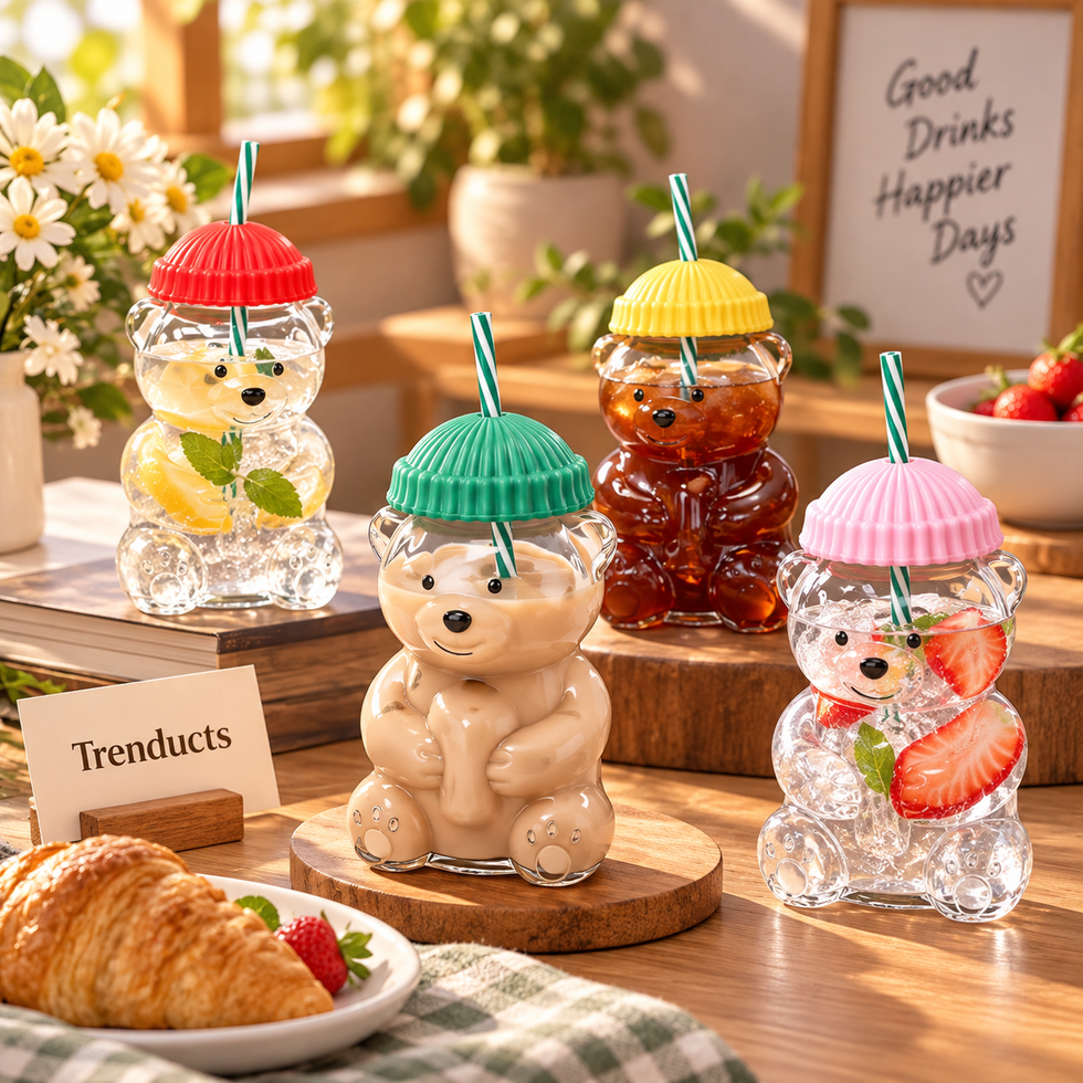 Bearista Cute Bear Glass Sipper with Beanie Lid & Straw – Aesthetic Drinkware (Random Color)