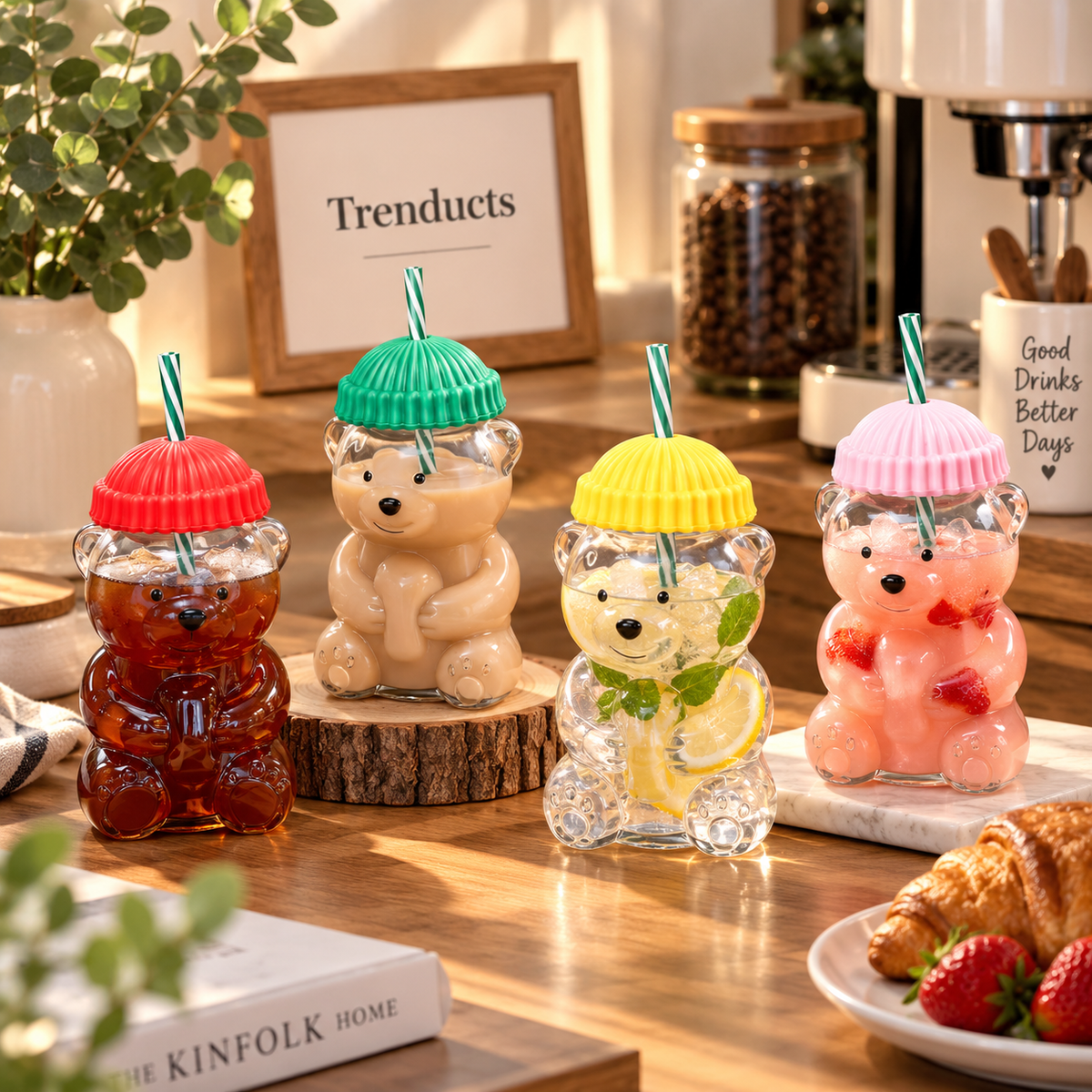 Bearista Cute Bear Glass Sipper with Beanie Lid & Straw – Aesthetic Drinkware (Random Color)